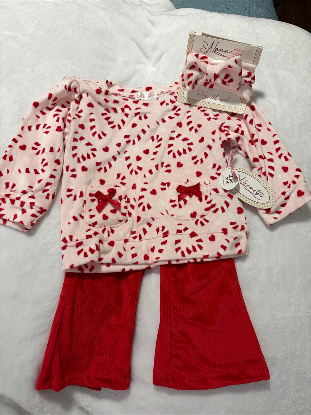 Nannette Pink Top with Red Candy Cane Print and Red Pants Set